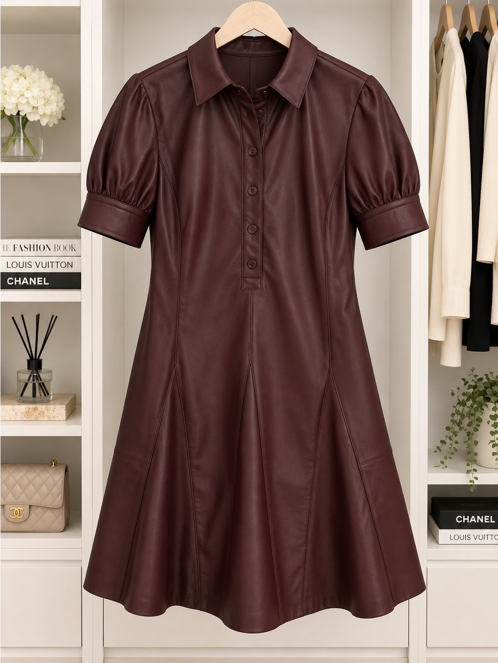Stunning Leather Burgundy Short-Sleeve A-Line Dress